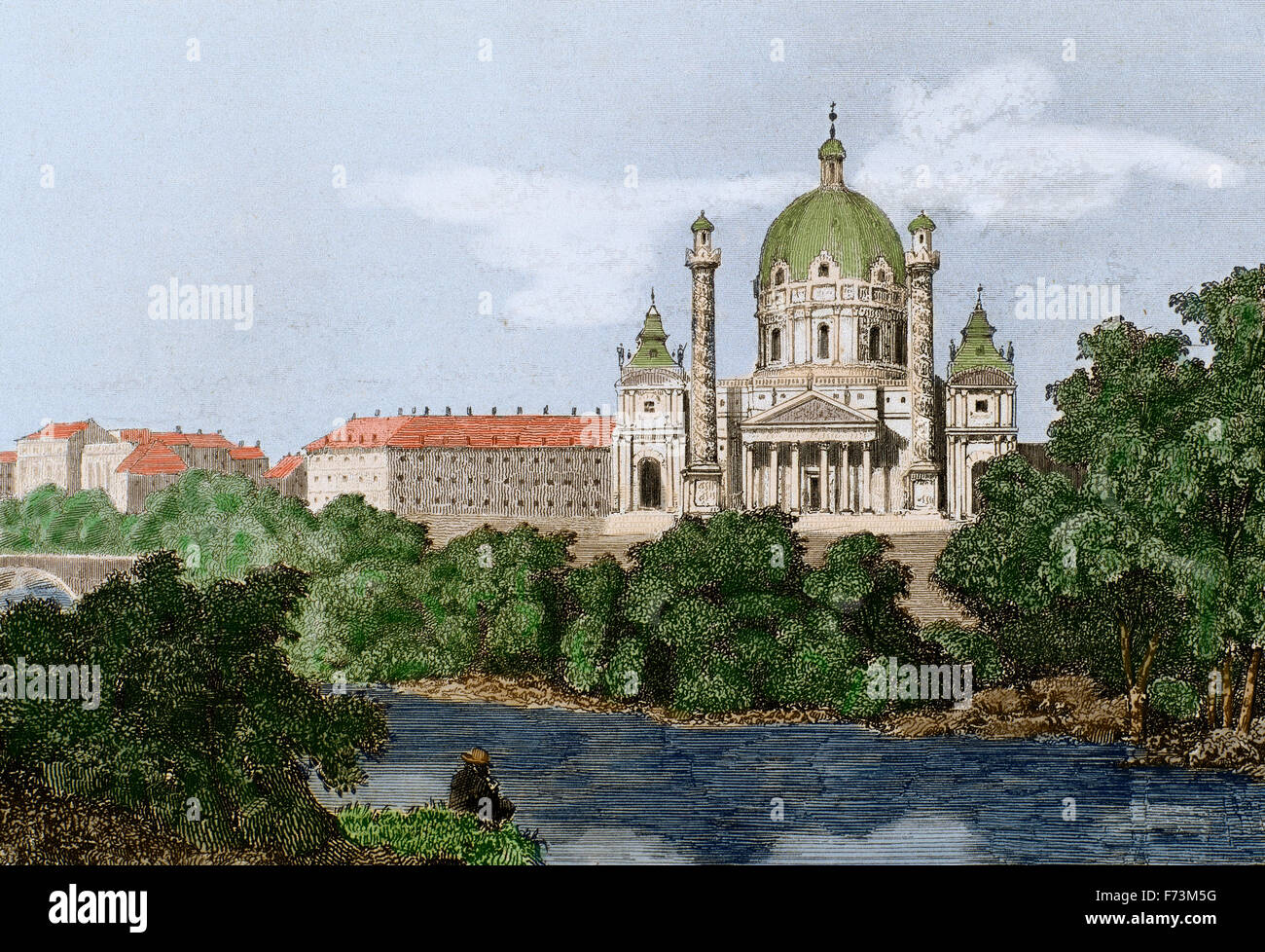 Österreich. Wien. Die Karlskirche (Karlskirche). Barockbau. Architekten; Johann Bernhard Fischer von Erlach (1656-1723), Joseph Emanuel Fischer von Erlach (1693-1742). Kupferstich, 19. Jahrhundert. Farbige. Stockfoto