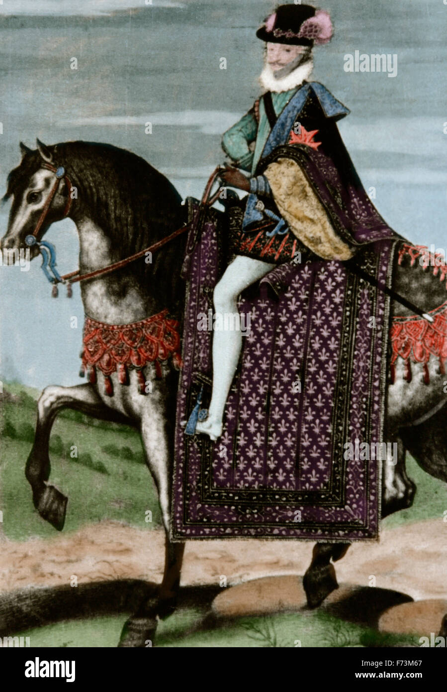 Heinrich IV. von Frankreich (1553 – 1610). König von Navarra als Heinrich III. von 1572-1610 und König von Frankreich von 1589-1610. Equestrian Porträt. Gravur. Farbige. Stockfoto