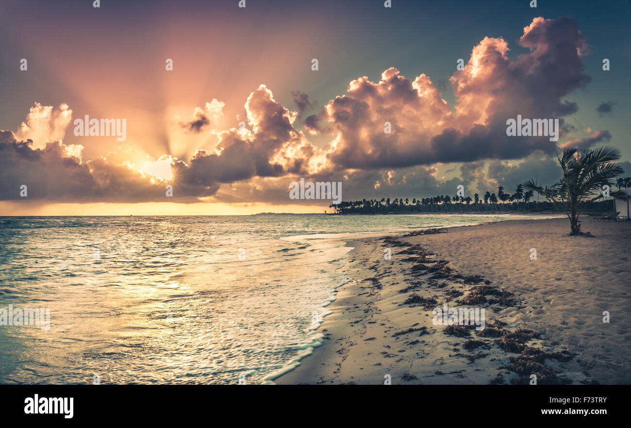 Leinwandbild Sonnenaufgang Dominikanische Republik - 5-teiliges XXL Wandbild 160x80cm