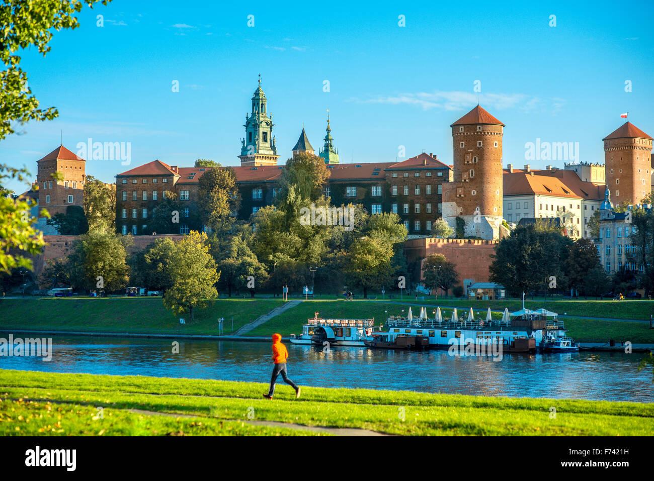 Am Morgen am Wawel-Schloss aus der Weichsel in Krakau anzeigen Stockfoto