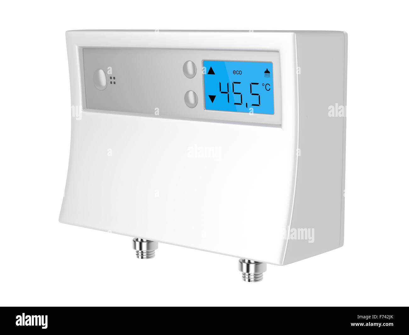 Tankless Warmwasserbereiter mit digitalen Wasser Temperaturregler, isoliert auf weißem Hintergrund Stockfoto