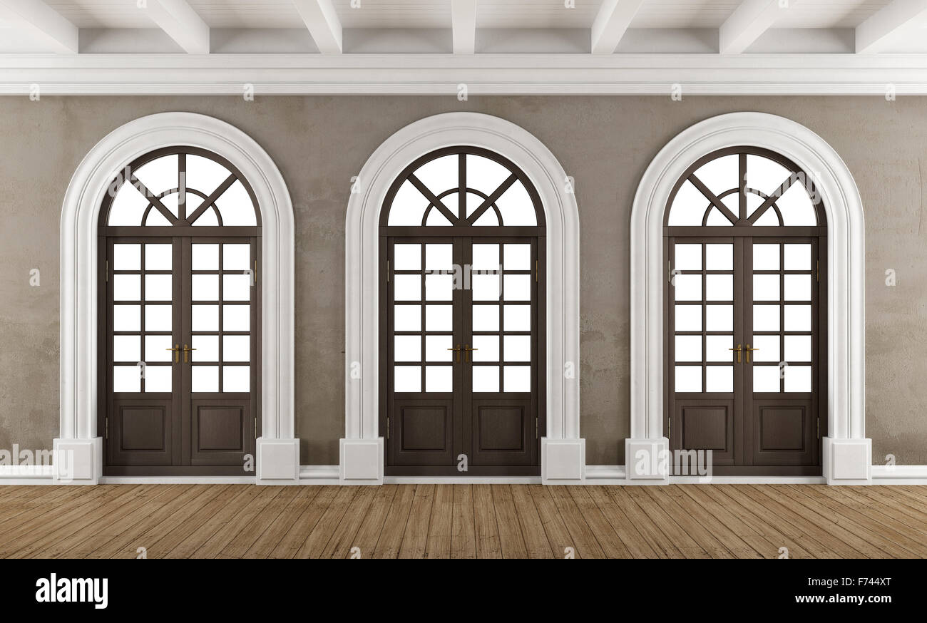 Klassisches Interieur mit drei Bogen Holzfenster - 3D Rendering Stockfoto