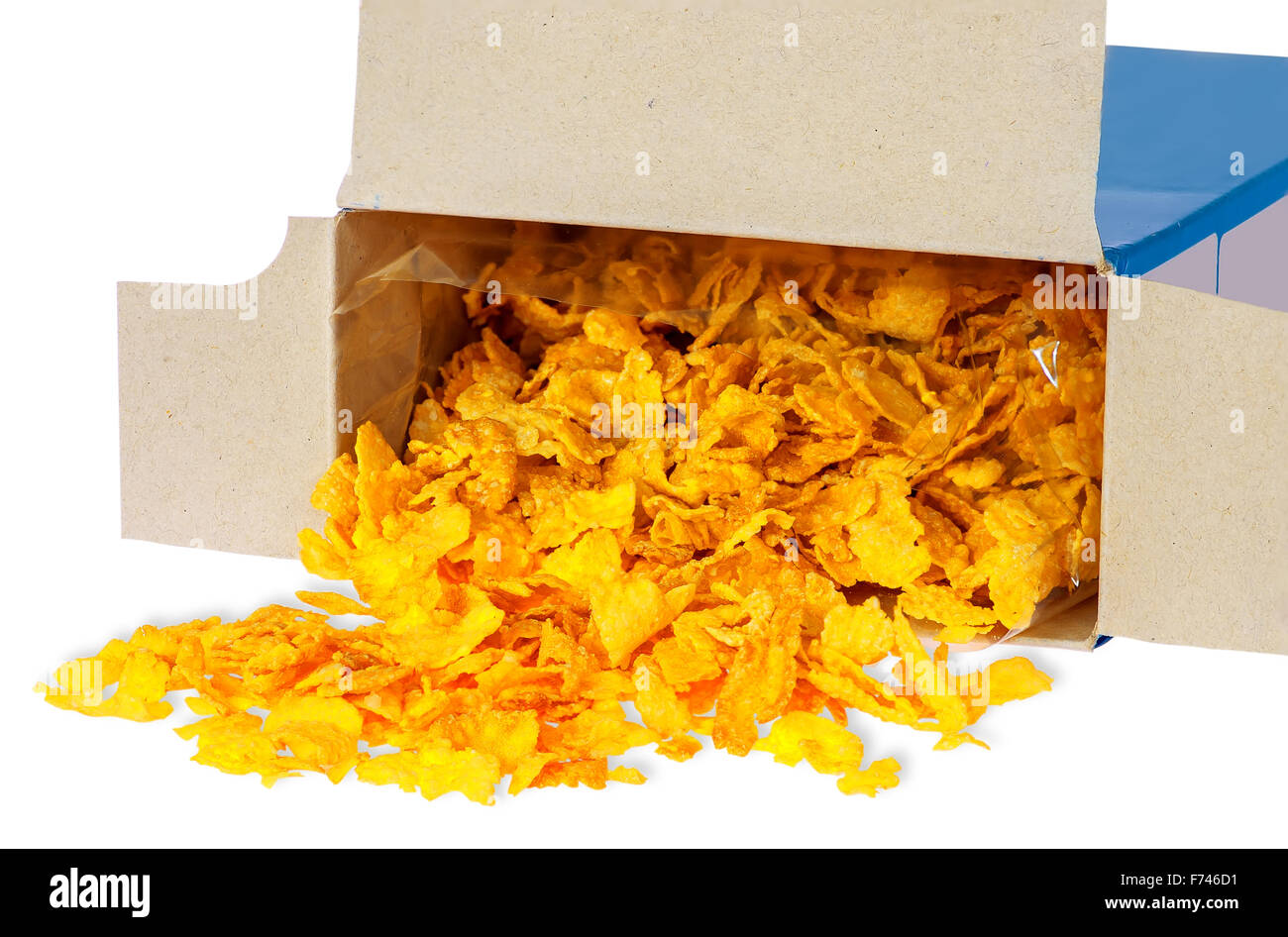 Corn Flakes zu verschütten, aus Karton, die isoliert auf weißem Hintergrund Stockfoto