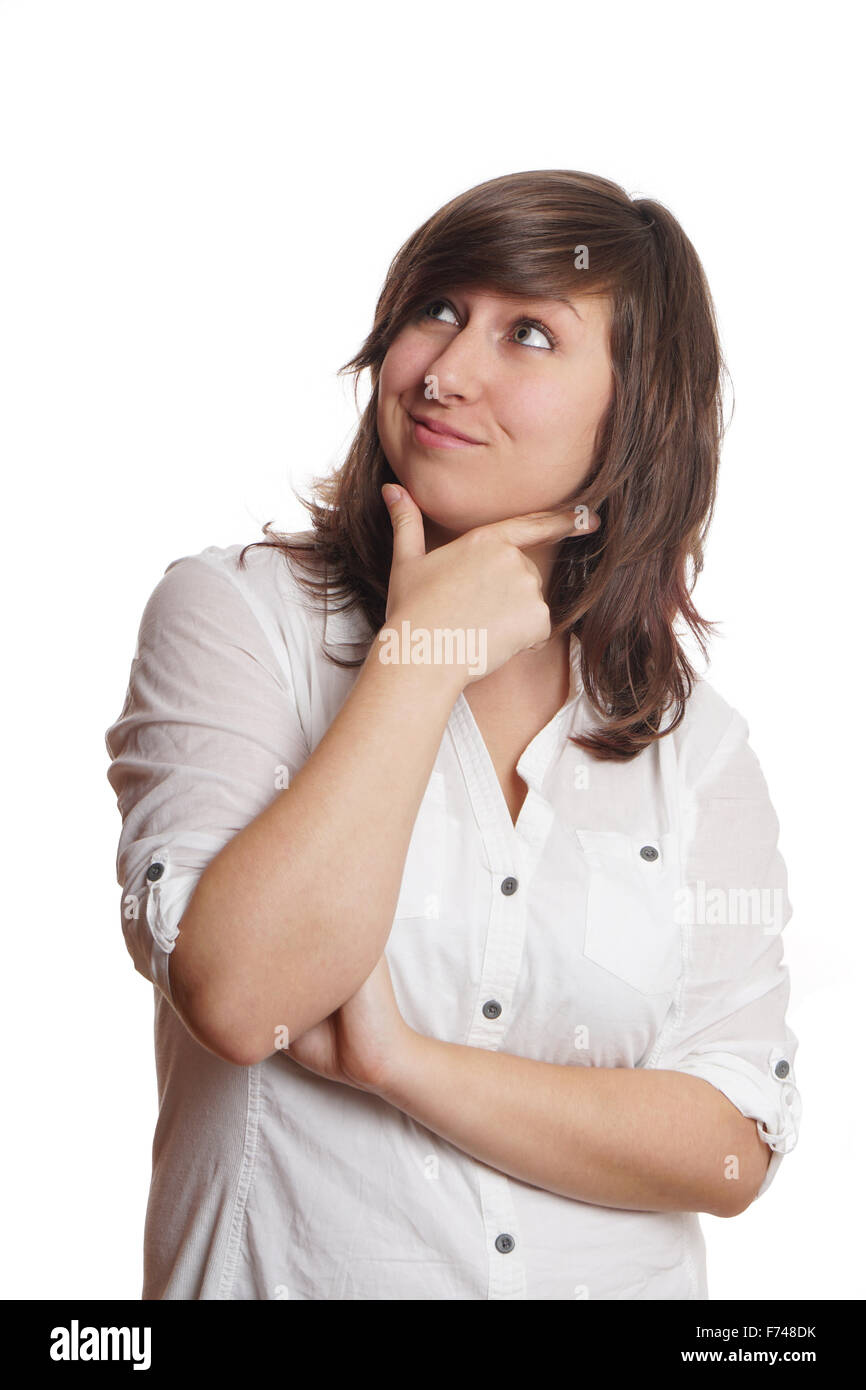 erfreut junge Frau nachschlagen Stockfoto