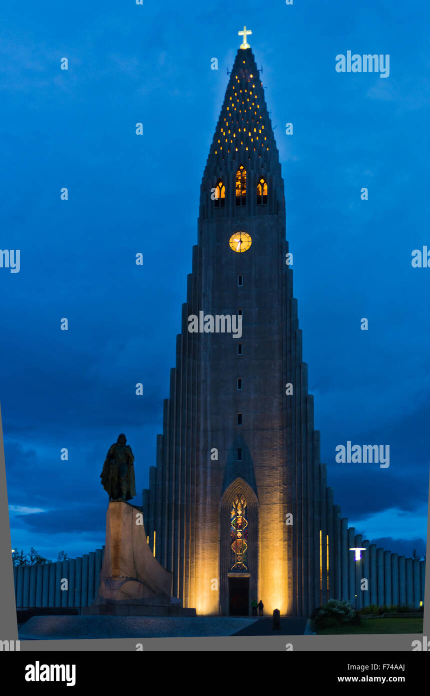 Hallgrimskirkja, Reykjavik Kathedrale und Leifr Eiricsson-Denkmal Stockfoto