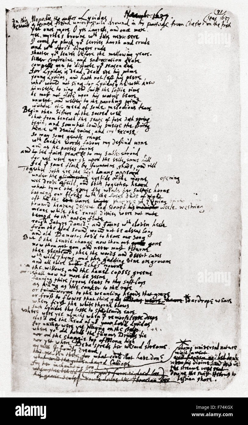 Auszug aus Lycidas, geschrieben im Jahre 1637.  Eine pastorale Elegie auf den Tod seines Freundes Edward King, von John Milton. Stockfoto