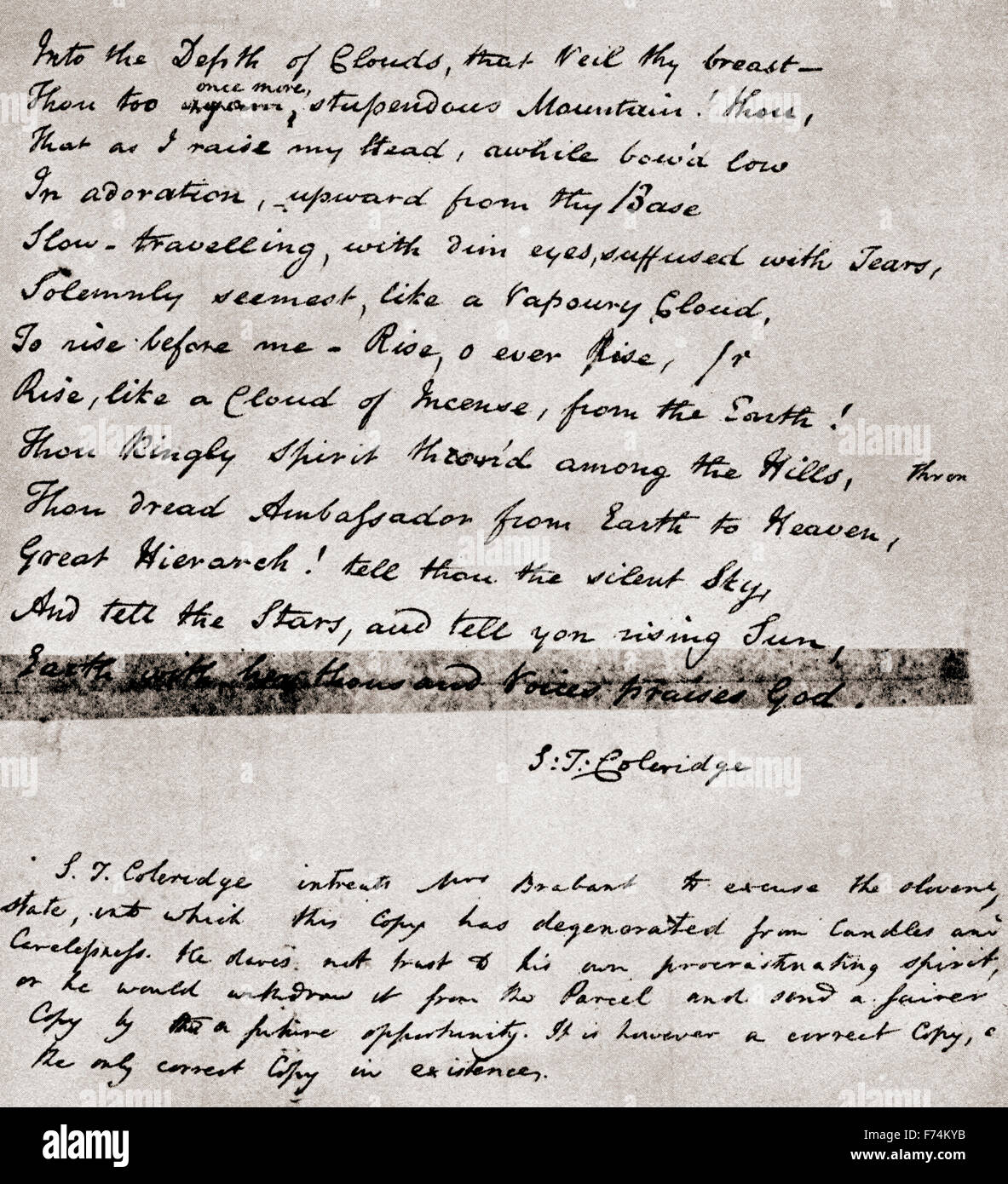 Nach der ursprünglichen MS von Coleridge des Gedichts Hymn Before Sunrise geschrieben im Jahre 1802. Stockfoto