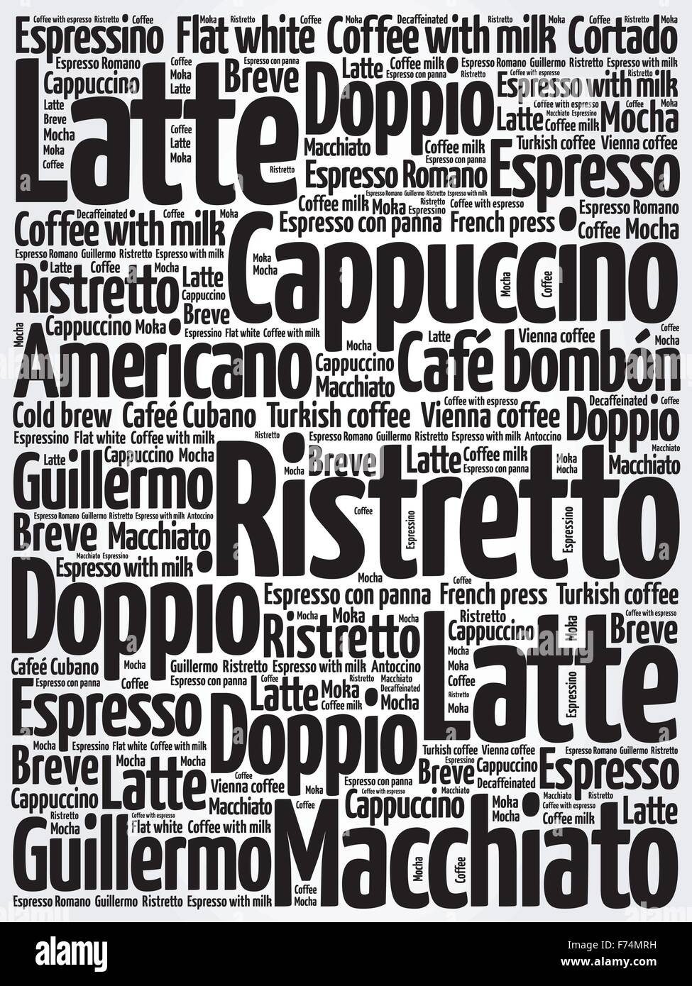 Liste der Kaffee trinkt Wörter Wolke, Plakat Hintergrund Stock Vektor