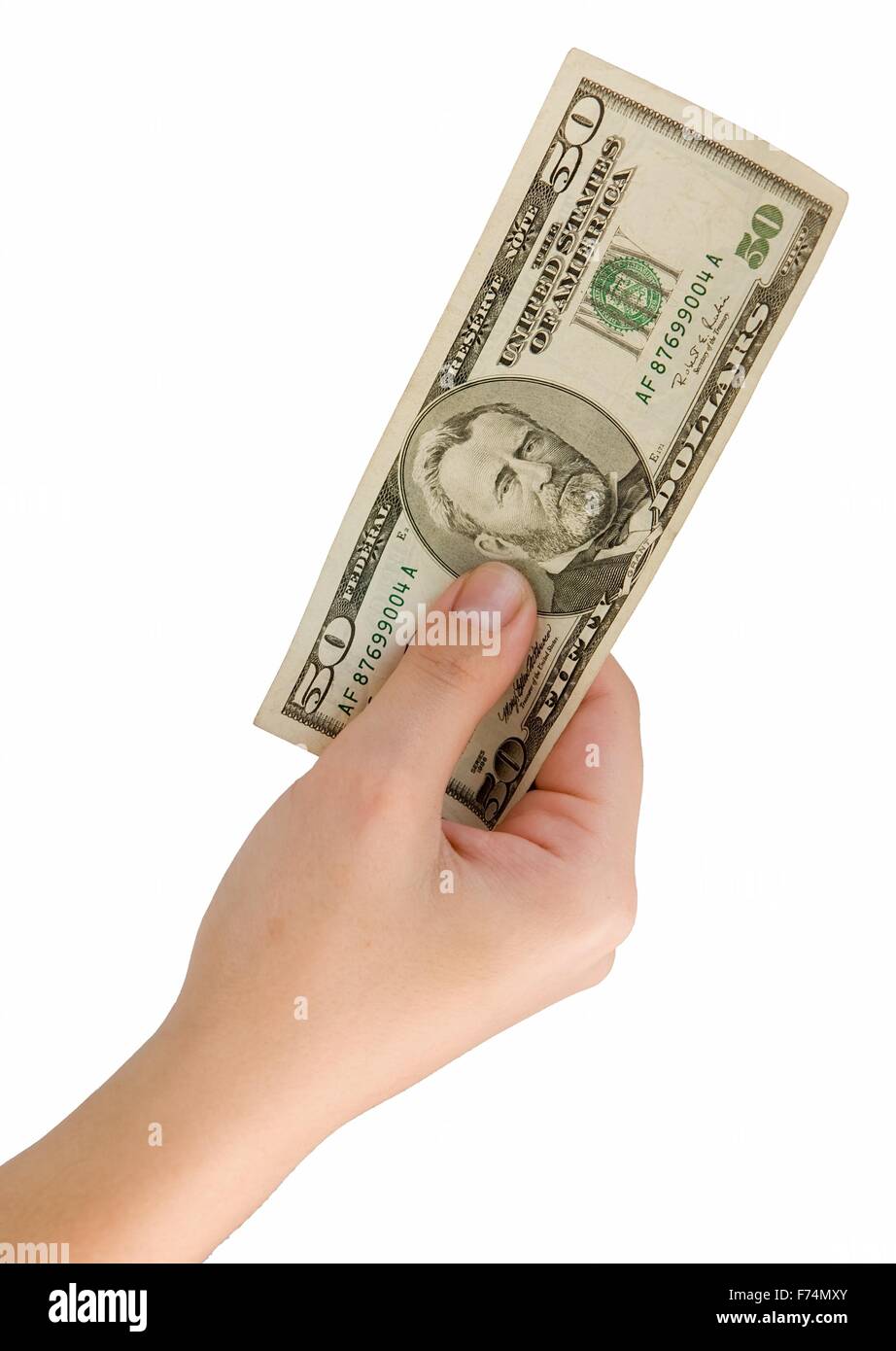 Hand mit fünfzig Dollar Stockfoto