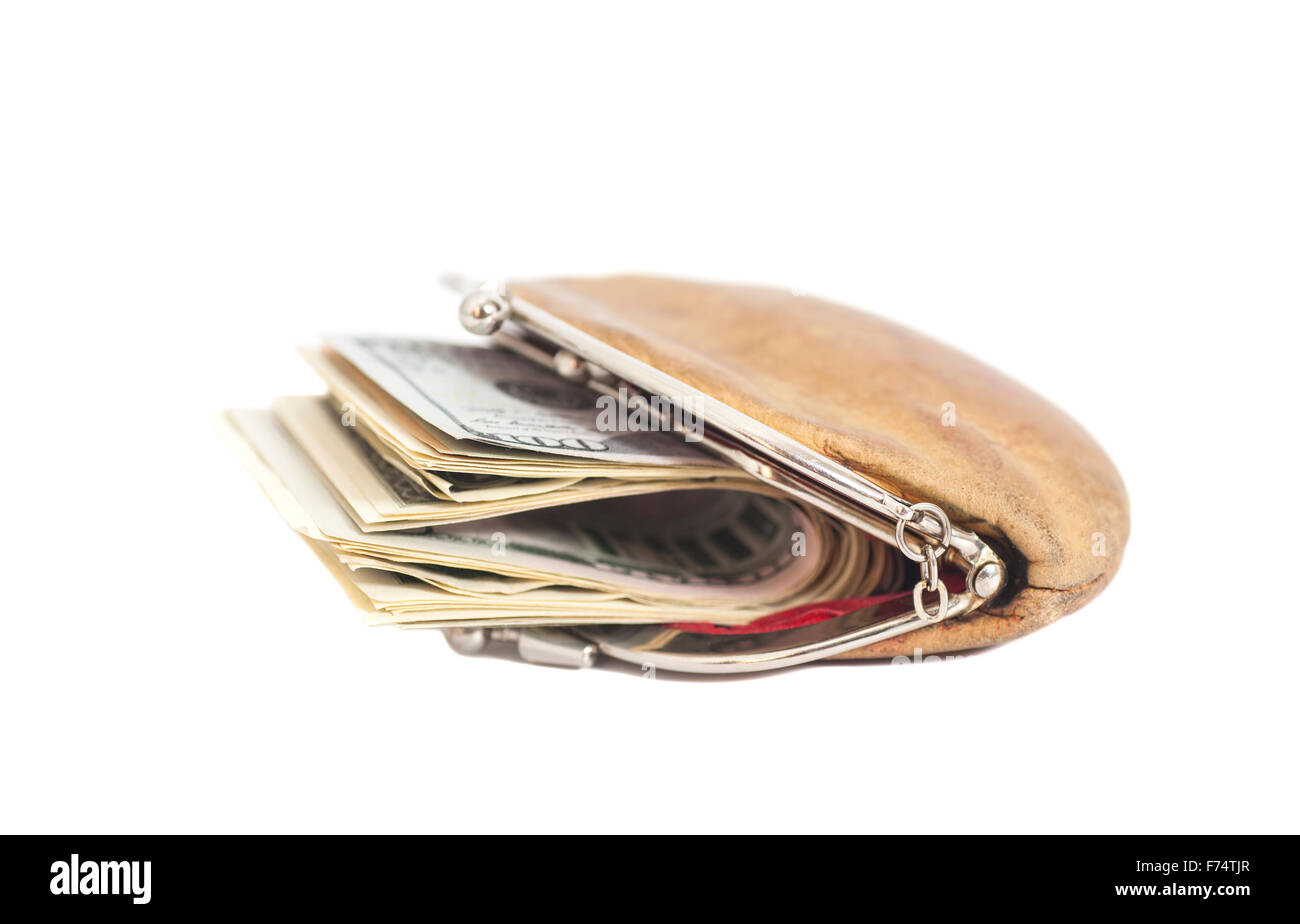Geldbörse mit Dollarnoten isoliert auf weiss Stockfoto
