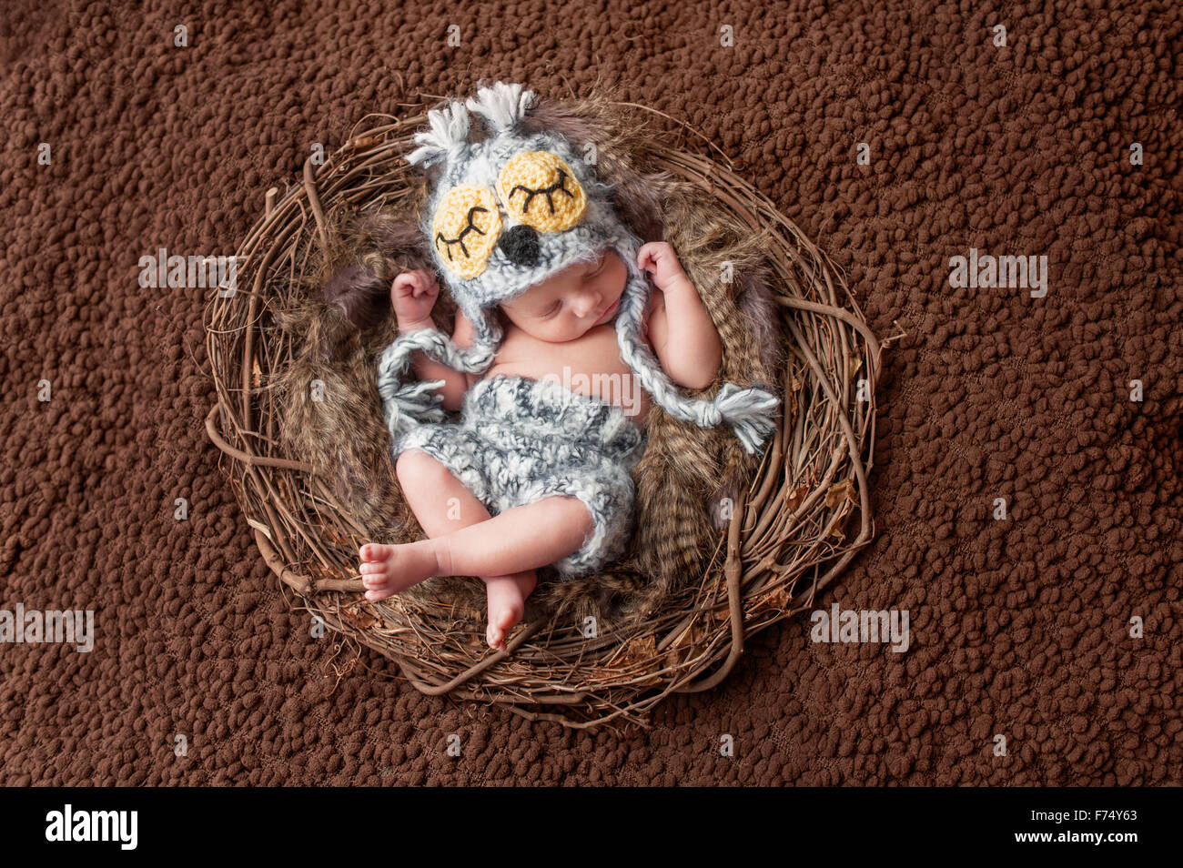 Vier Wochen alten, neugeborenes Baby Boy mit einem gehäkelten Eule Hut und Shorts. Er schläft auf dem Rücken in einem Nest. Stockfoto