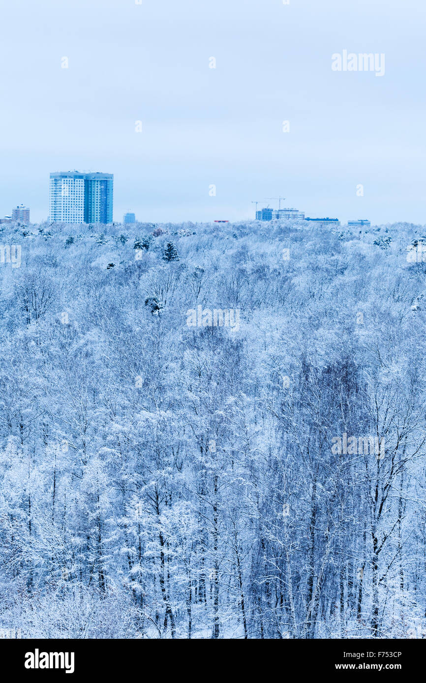 Appartementhaus und Schneewald in blauen kalten Wintermorgen Stockfoto