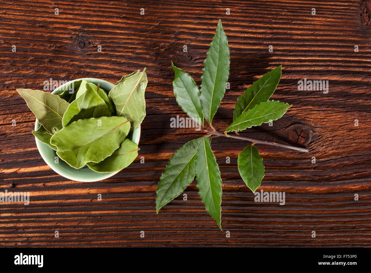 Frische und getrocknete Lorbeerblätter auf braunem Holz Hintergrund, Ansicht von oben. Küchenkraut, Kochen, Zutaten und Heilkraut. Stockfoto