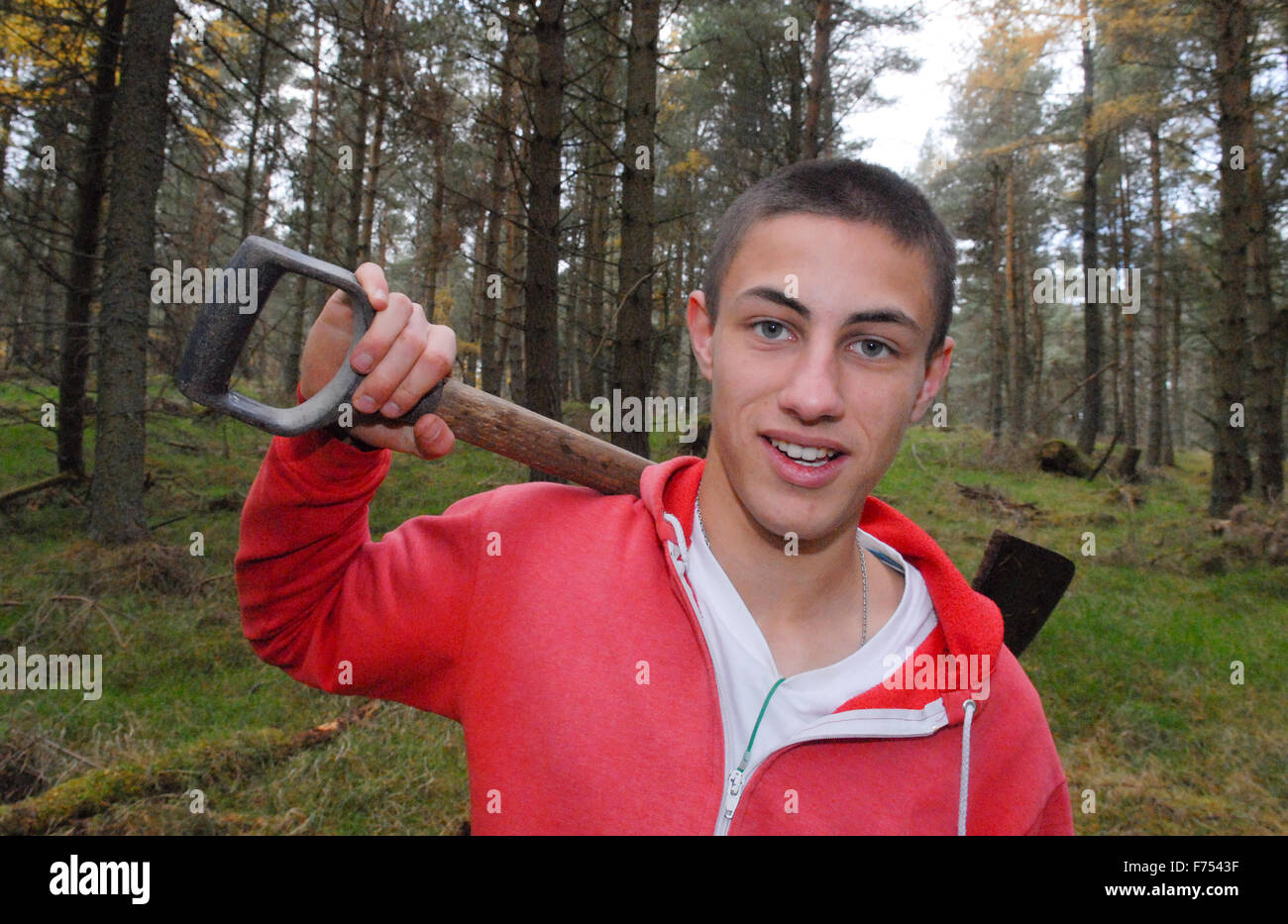 Teenager mit Schaufel Graben im Wald. Stockfoto