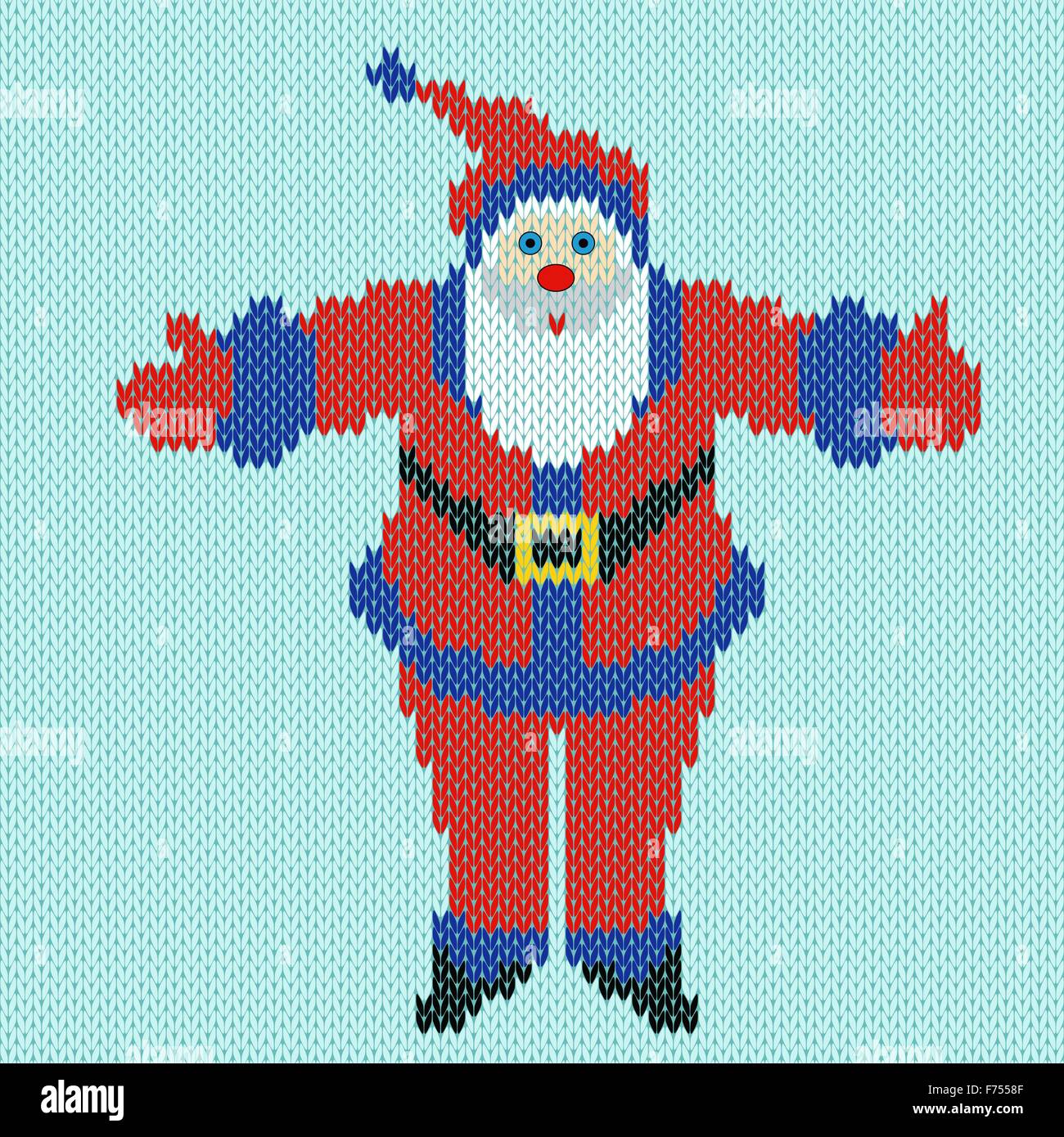 Weihnachtsmann stehend mit ausgestreckten Armen weit auf blauem Hintergrund, Vektormuster stricken Stock Vektor
