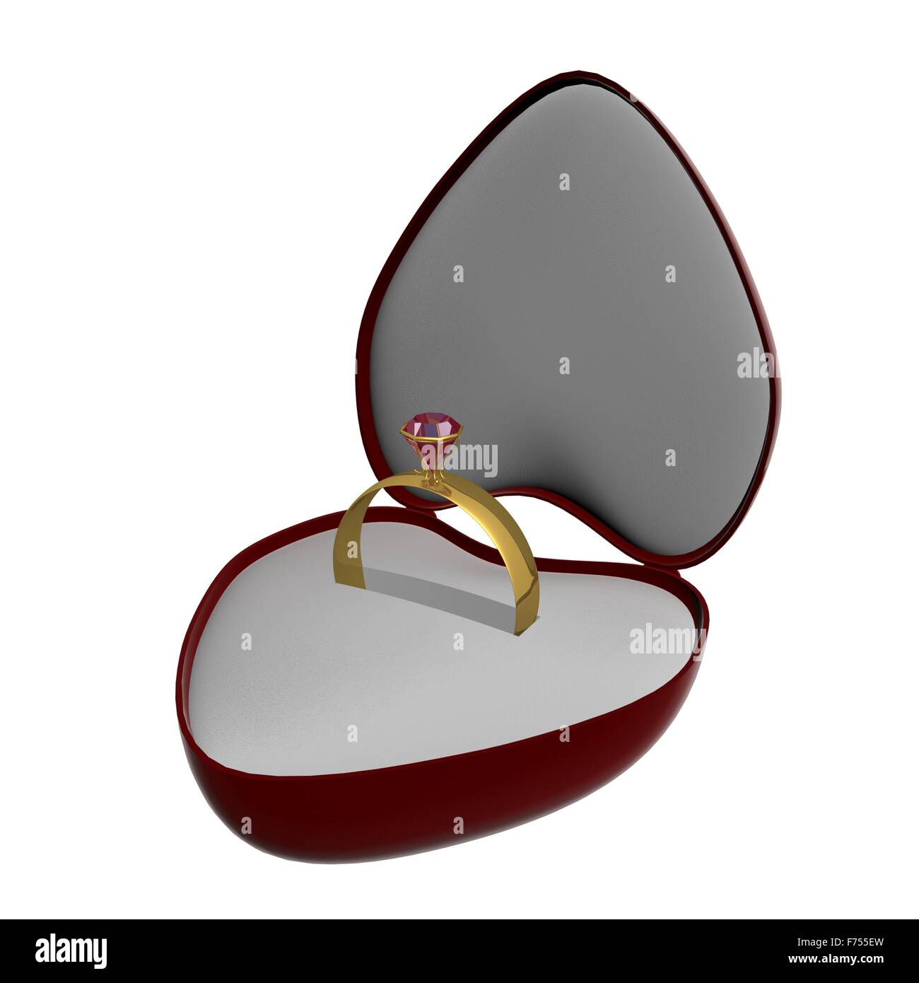 Gold Ring mit einem Stein in Geschenk-Verpackung. 3D-Bild. Stockfoto