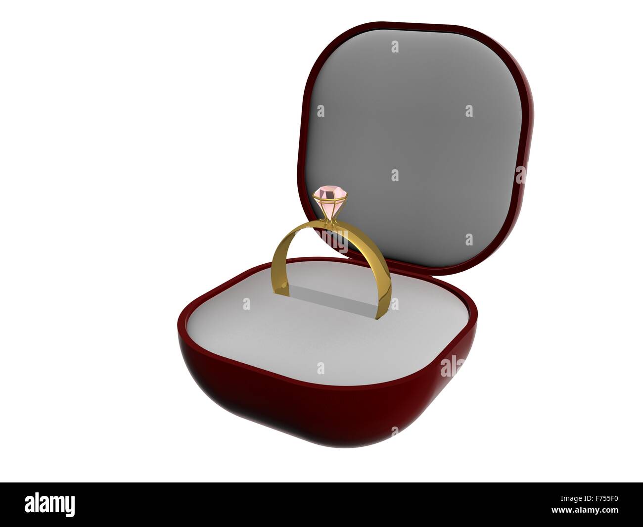 Gold Ring mit einem Stein in Geschenk-Verpackung. 3D-Bild. Stockfoto