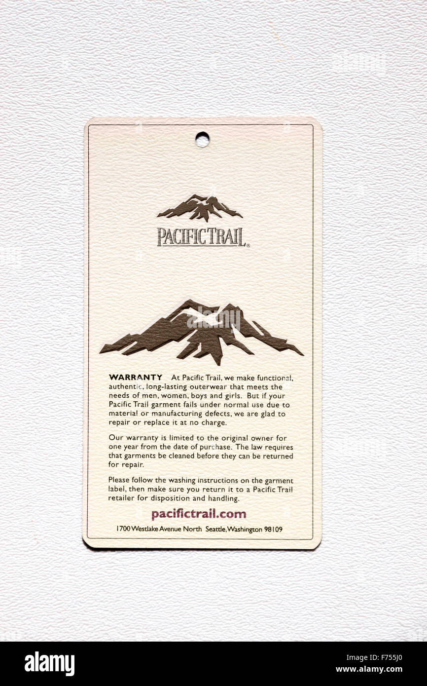 Eine einjährige Garantie für Pacific Trail Fell. Stockfoto