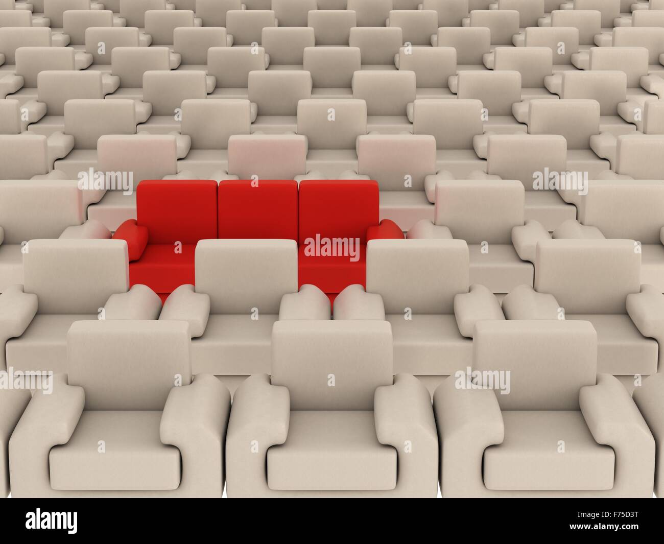 Reihe von weißen Sesseln und roten Sofa. 3D-Bild. Stockfoto