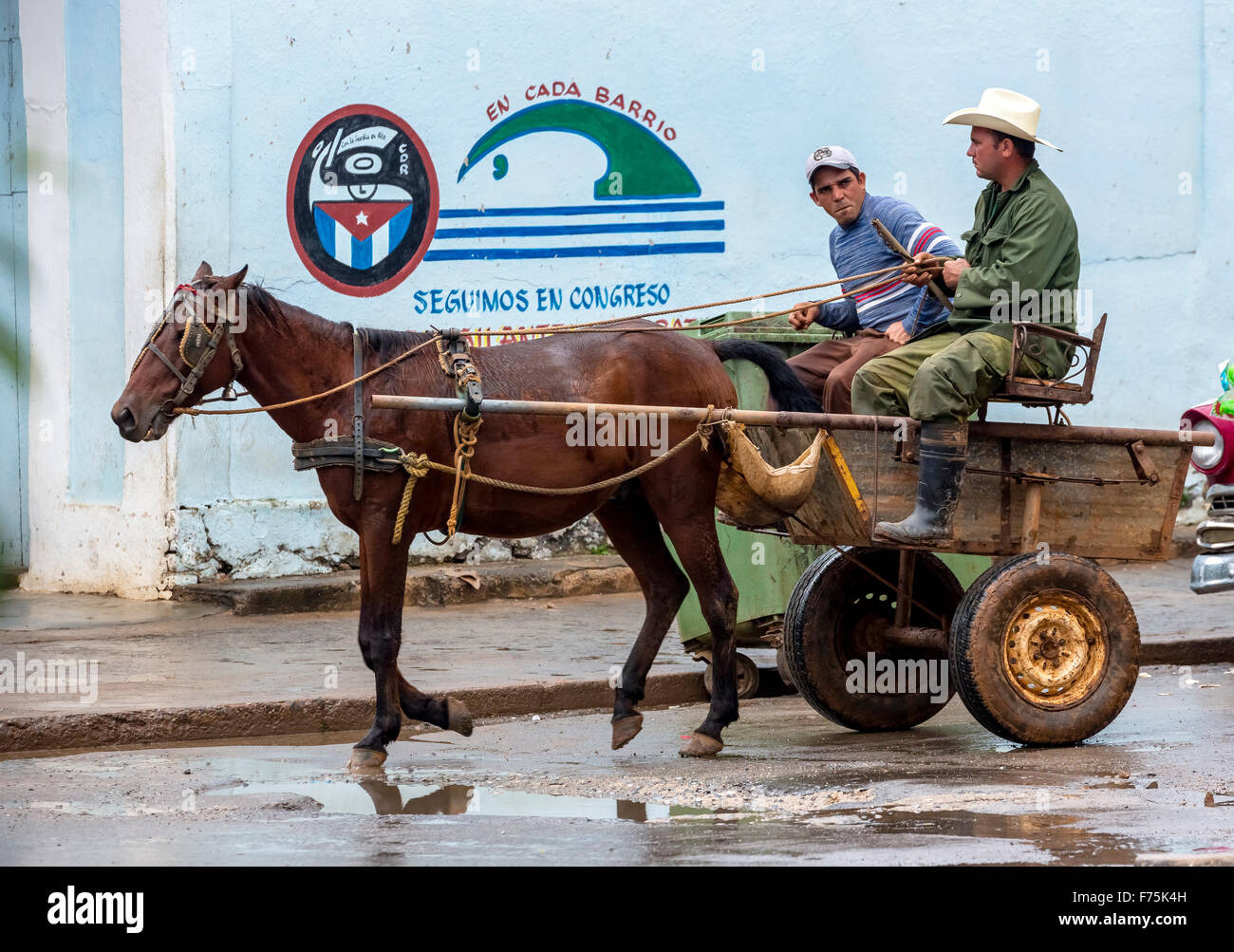 Buggy, Einspänniges Begleiter, zwei kubanische Bauer, kubanische Transport, Viñales, Kuba, Pinar Del Rio, Kuba, Straßenszene Stockfoto