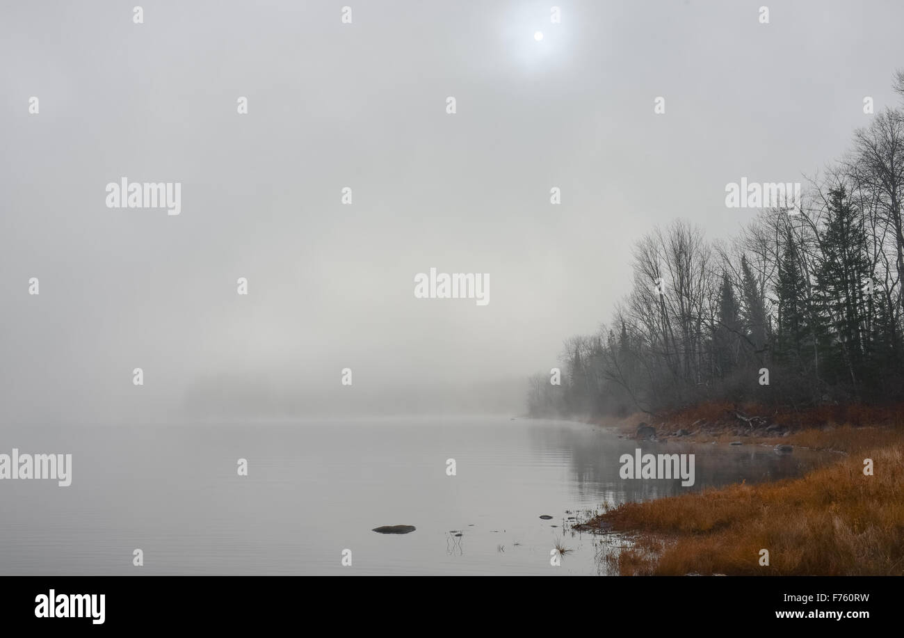 Dichter Nebel langsam entlang des Flusses, diffuses Sonnenlicht. Stockfoto