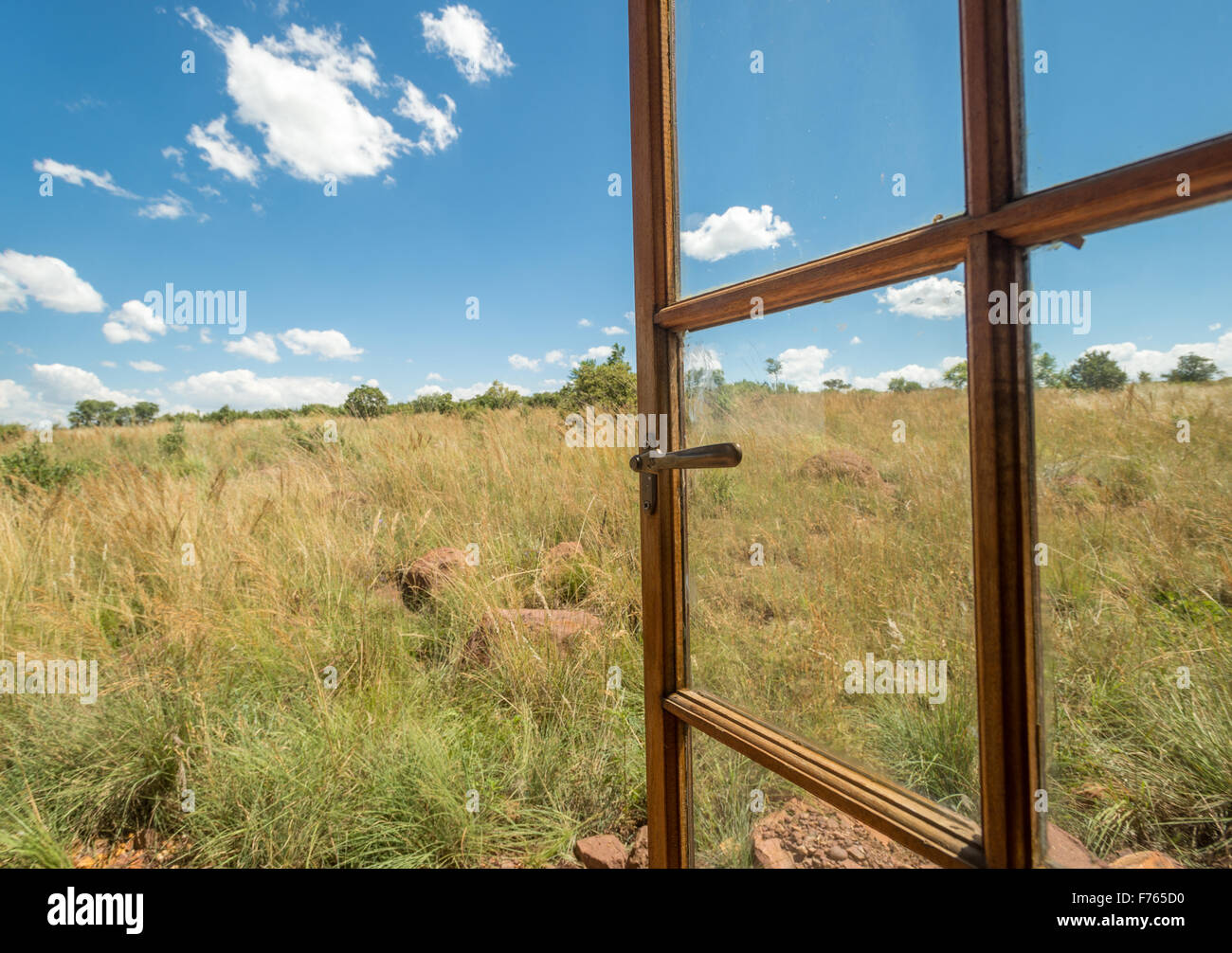 Südafrika-Looking durch Fenster, Rasenflächen zu öffnen Stockfoto