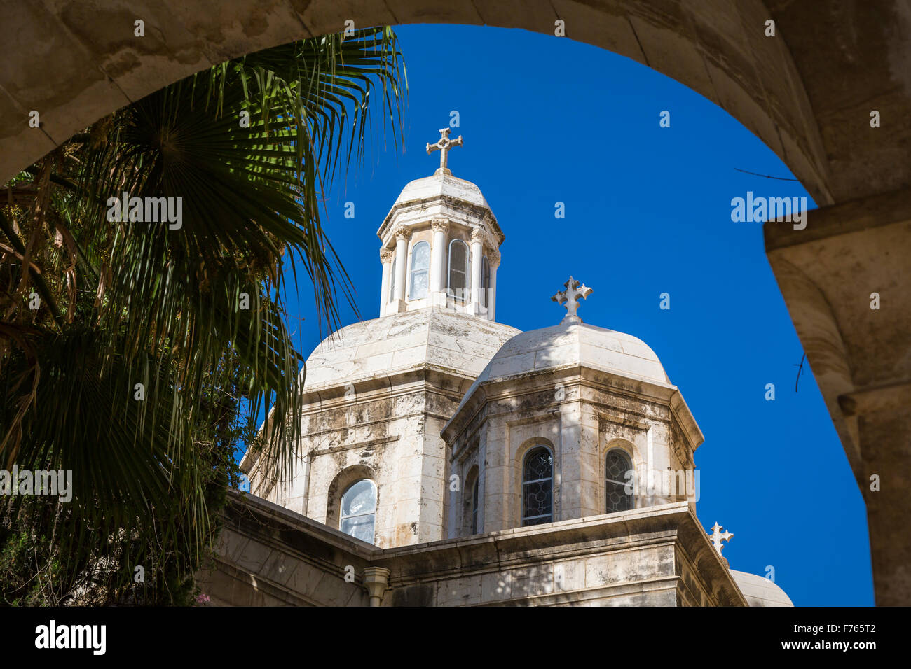 Die Glockentürme der Kirche Verurteilung in der Christian Quarter von Jerusalem, Israel, Naher Osten. Stockfoto