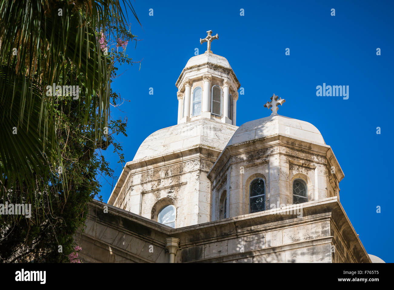 Die Glockentürme der Kirche Verurteilung in der Christian Quarter von Jerusalem, Israel, Naher Osten. Stockfoto