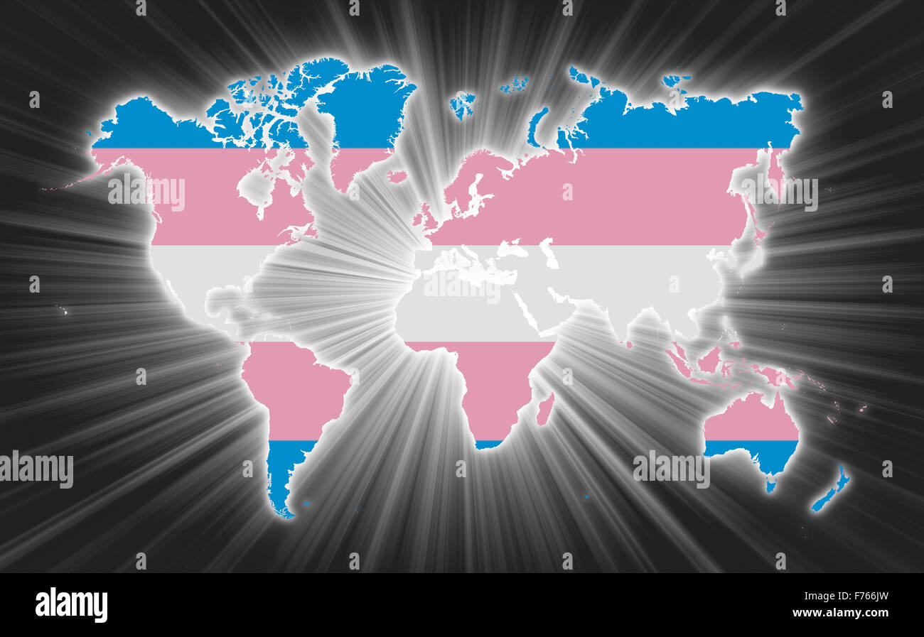 Weltkarte mit Starburst auf Hintergrund, Trans Pride Stockfoto