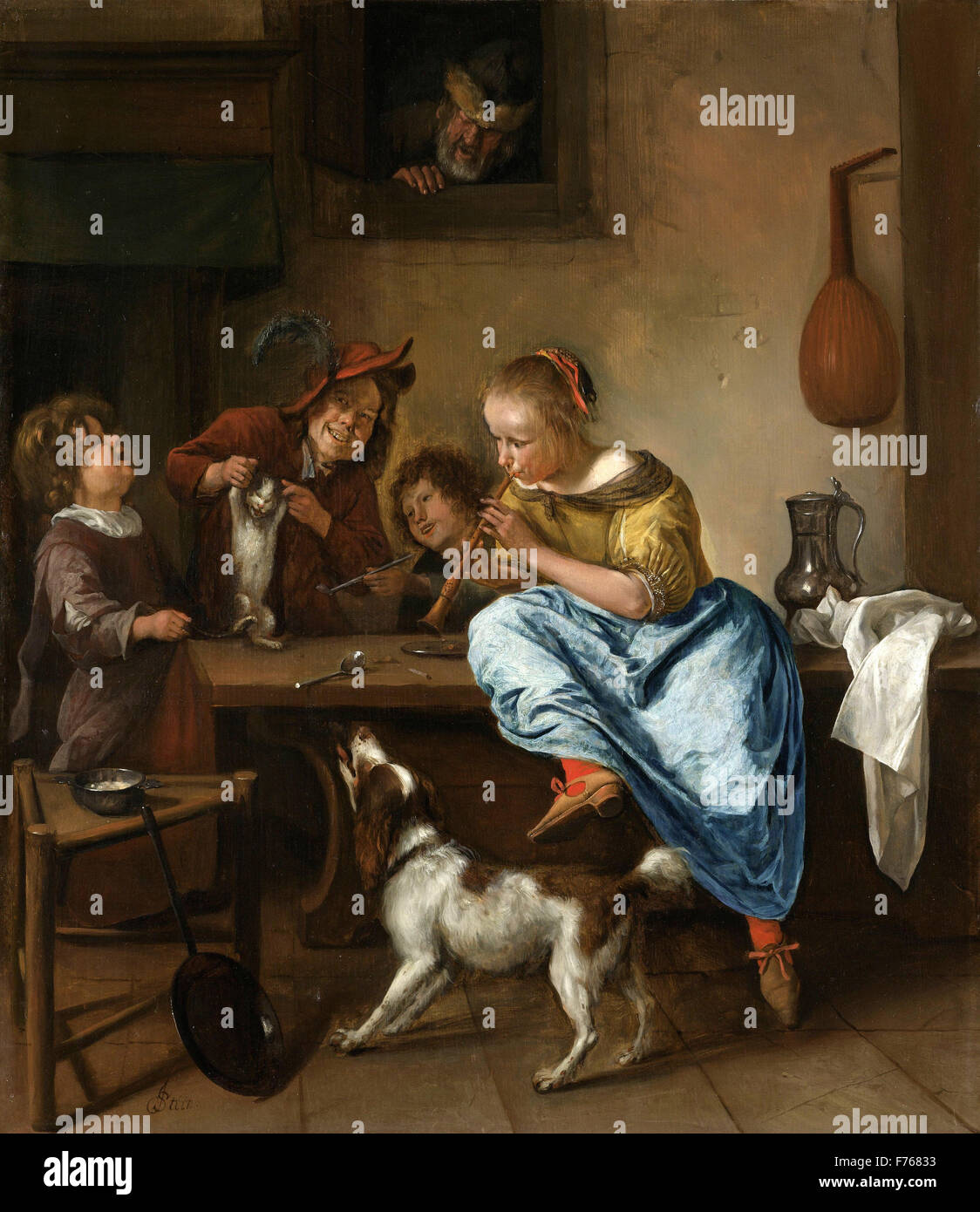 Jan Steen - Kinder, die eine Katze lehren, zu tanzen, bekannt als "Tanzstunde" Stockfoto