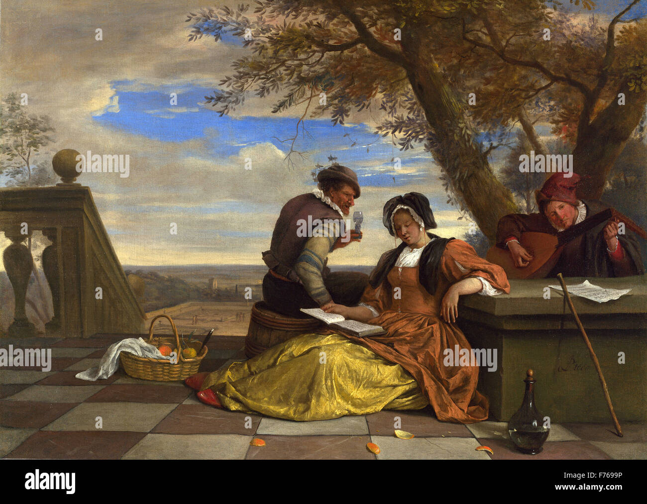Jan Steen - zwei Männer und eine junge Frau Musizieren auf der Terrasse Stockfoto