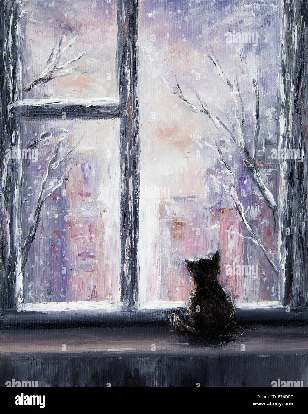 Original abstraktes Ölgemälde einer Hauskatze sitzt vor der Fenster auf Leinwand. Winter-Szene. Moderne Impressionismus, moderni Stockfoto