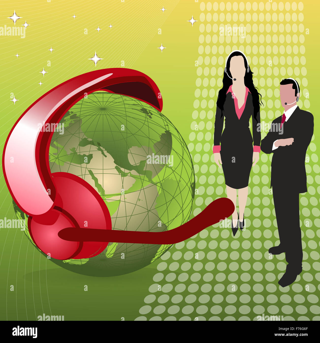 Globus mit Kopfhörer, Mikrofon, Geschäftsleute Stockfoto
