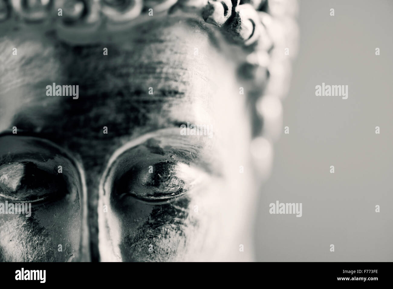 Detail des Gesichts eine Darstellung des Buddha mit seinen Augen geschlossen in duotone Stockfoto