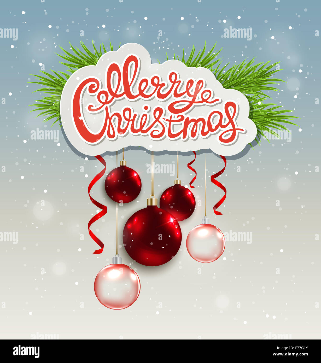 Weihnachten Hintergrund mit Gruß Inschrift, Tanne Zweig und roten Dekorationen Stockfoto