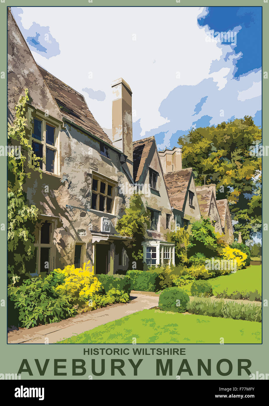Ein Plakat Stil Illustration aus einem Foto von Avebury Manor & Garten, Avebury in der Nähe von Marlborough, Wiltshire, England, UK Stockfoto