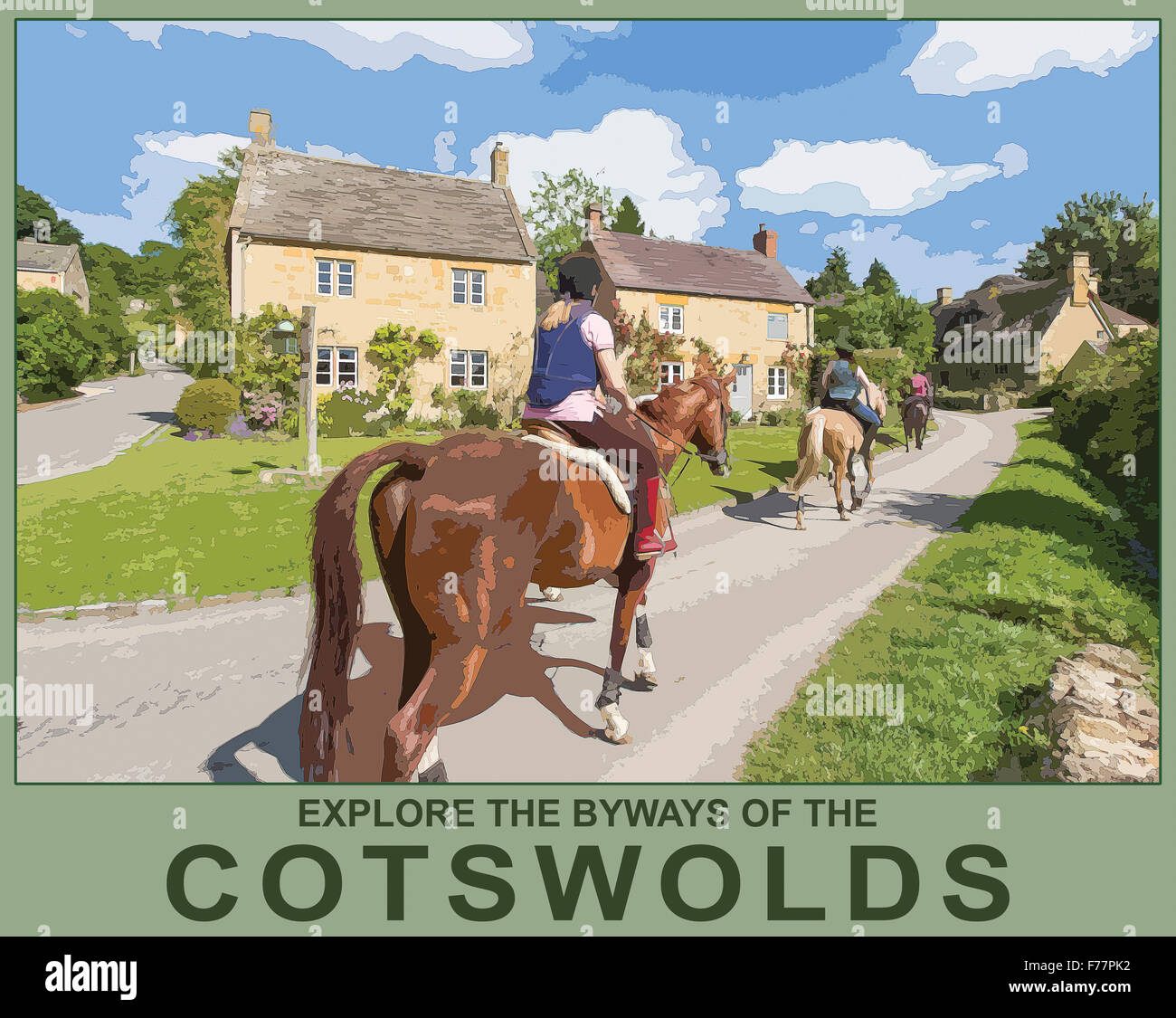 Ein Plakat Stil Illustration aus einem Foto der Reiter in Dorf Stanton, Worcestershire, England, Großbritannien Stockfoto