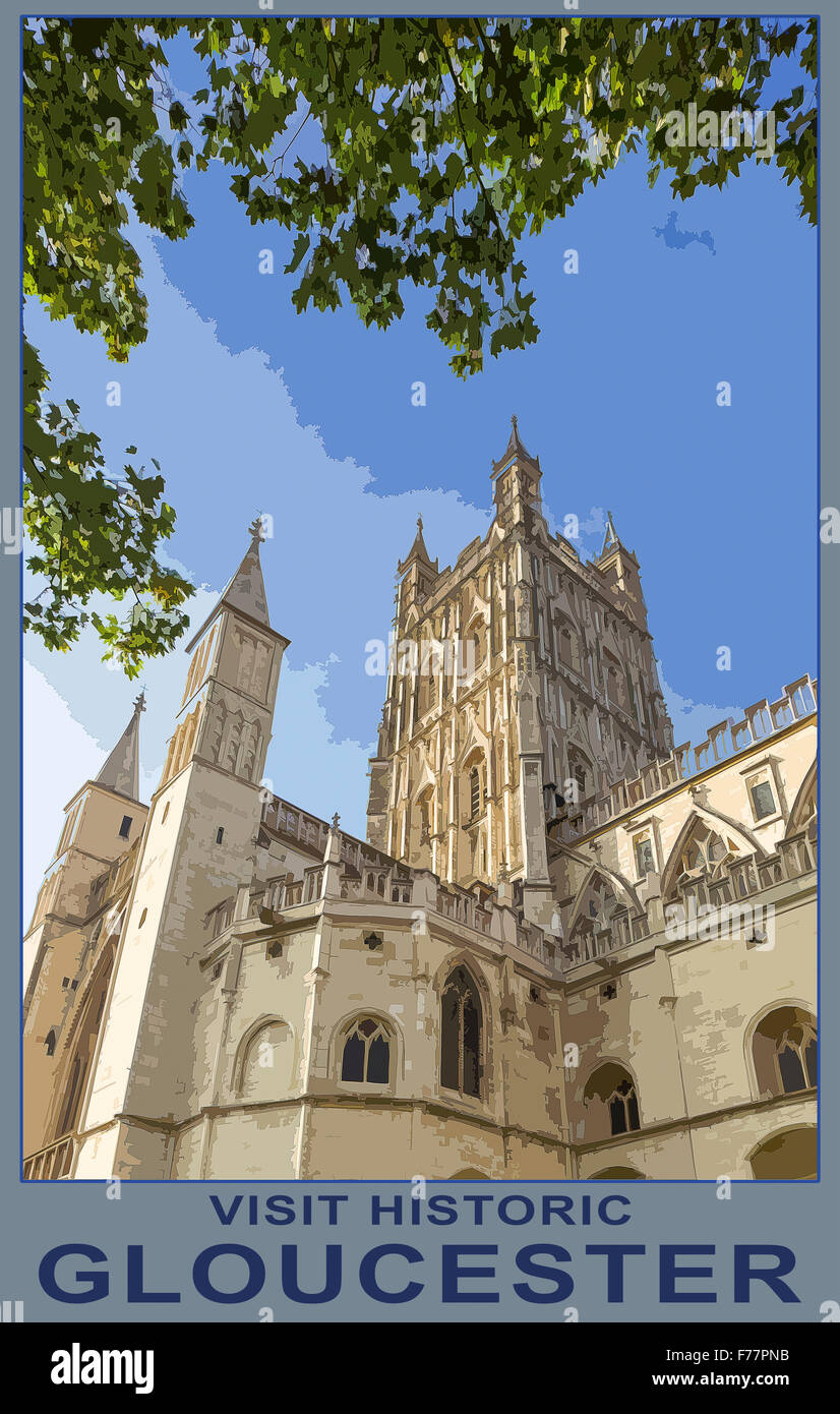Ein Plakat Stil Illustration aus einem Foto der Kathedrale von Gloucester, Gloucestershire, England, UK Stockfoto