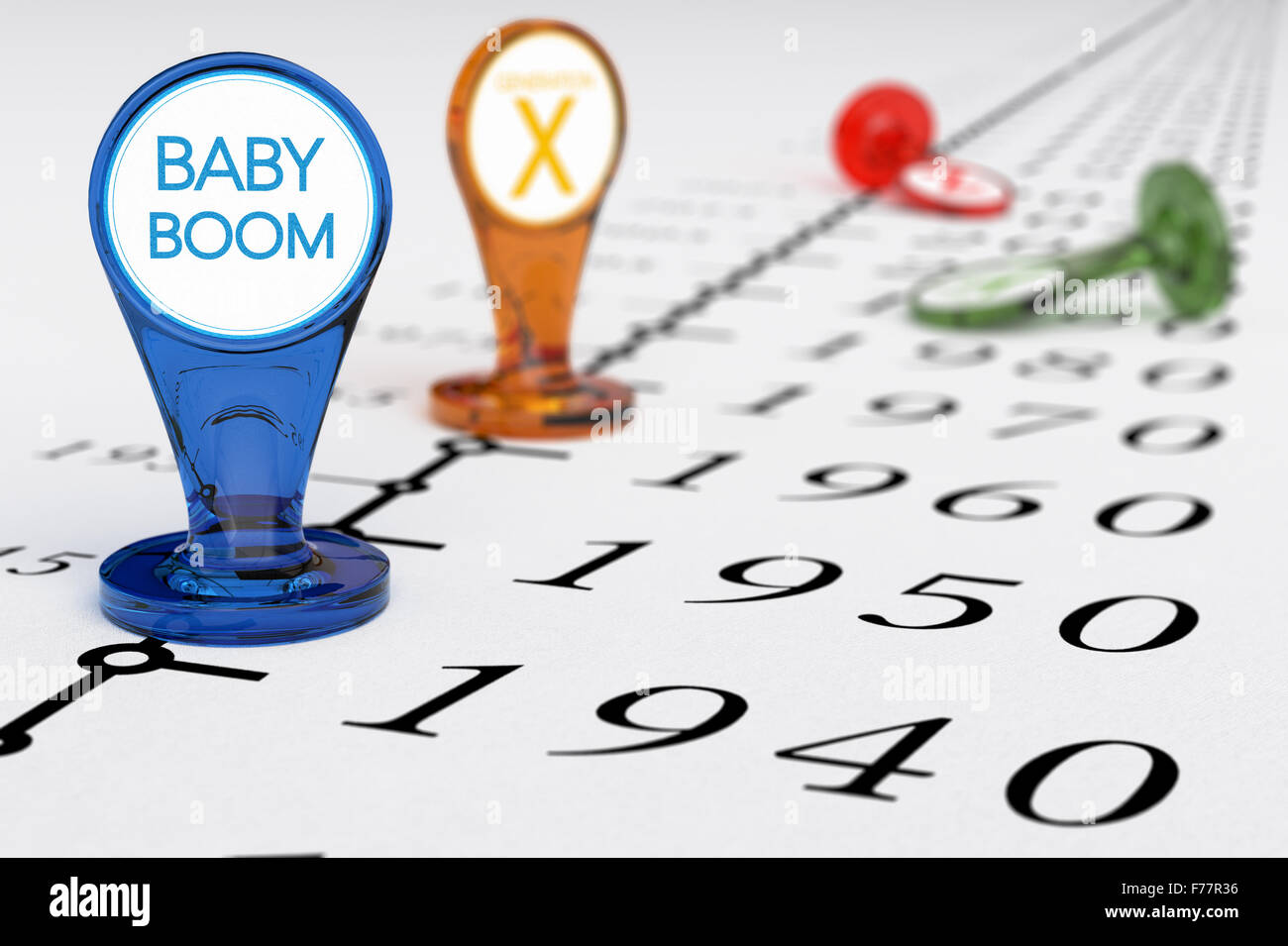 Timeline mit blauen Schild, wo es den Text Baby Boom geschrieben wird, Illustration der Baby-Boomer-Generation zwischen den Jahren 1 geboren Stockfoto