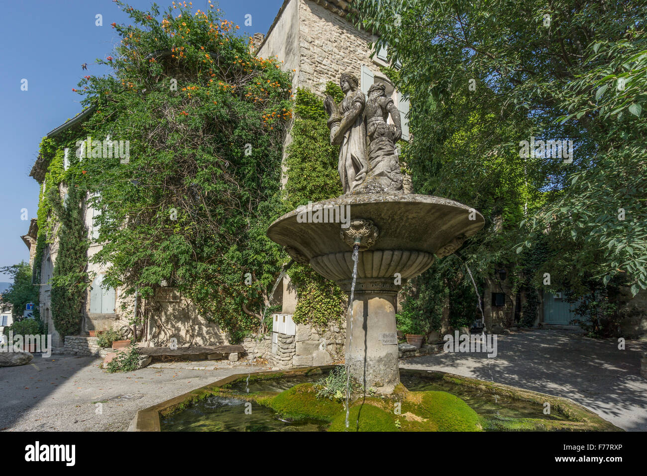 Brunnen in Saignon, Fassade mit wilder Wein im Herbst, Provence, Frankreich Stockfoto