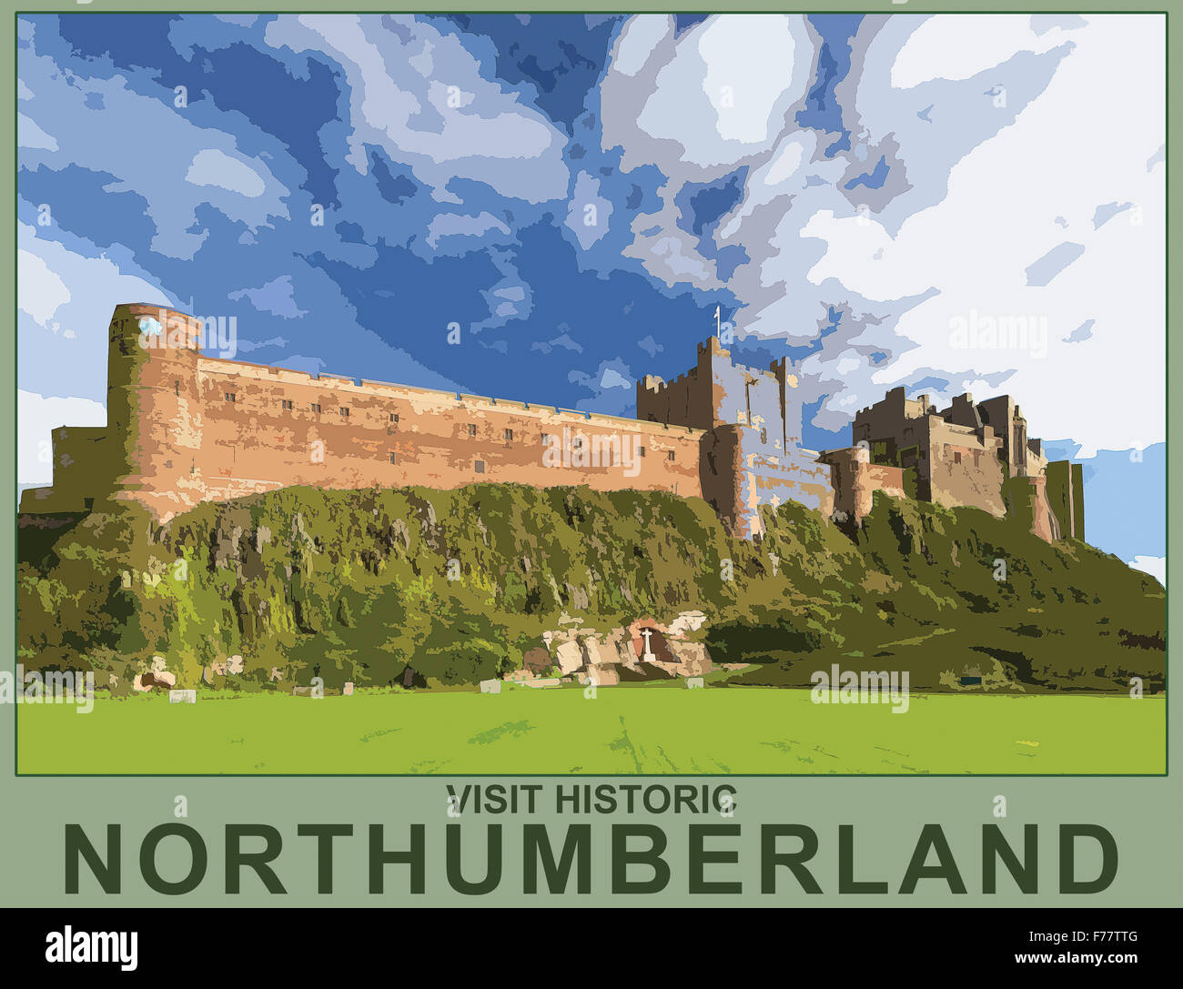 Ein Plakat Stil Illustration aus einem Foto von Bamburgh Castle in Northumberland Küste, England, UK Stockfoto