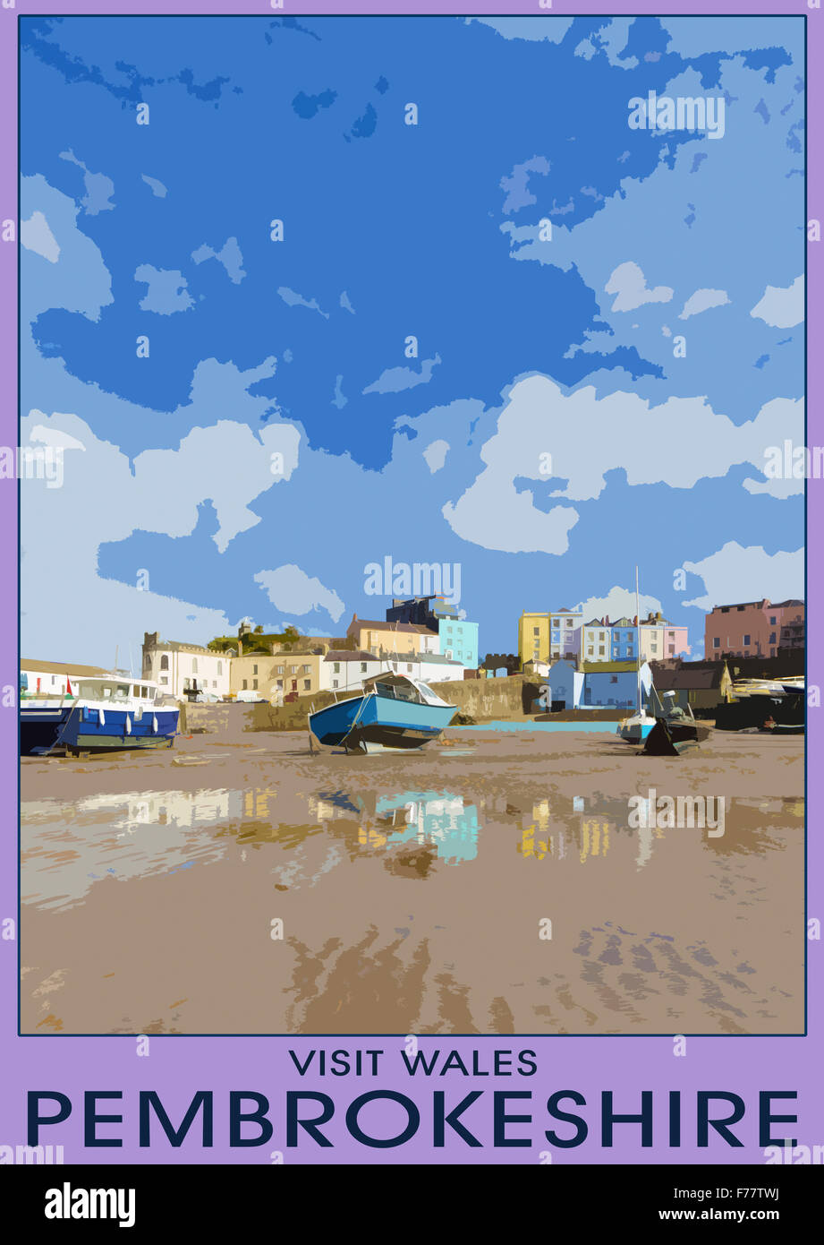 Ein Plakat Stil Illustration aus einem Foto von Pembrokeshire coastal Stadt von Tenby, South Wales. UK Stockfoto