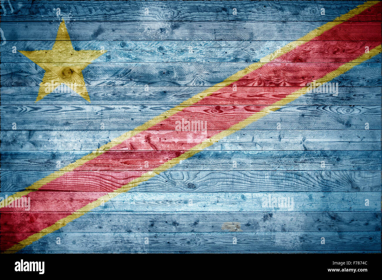 Ein bandtypischen Hintergrundbild der Flagge des Kongo Kinshasa auf Holzbrettern einer Wand oder Boden gemalt. Stockfoto