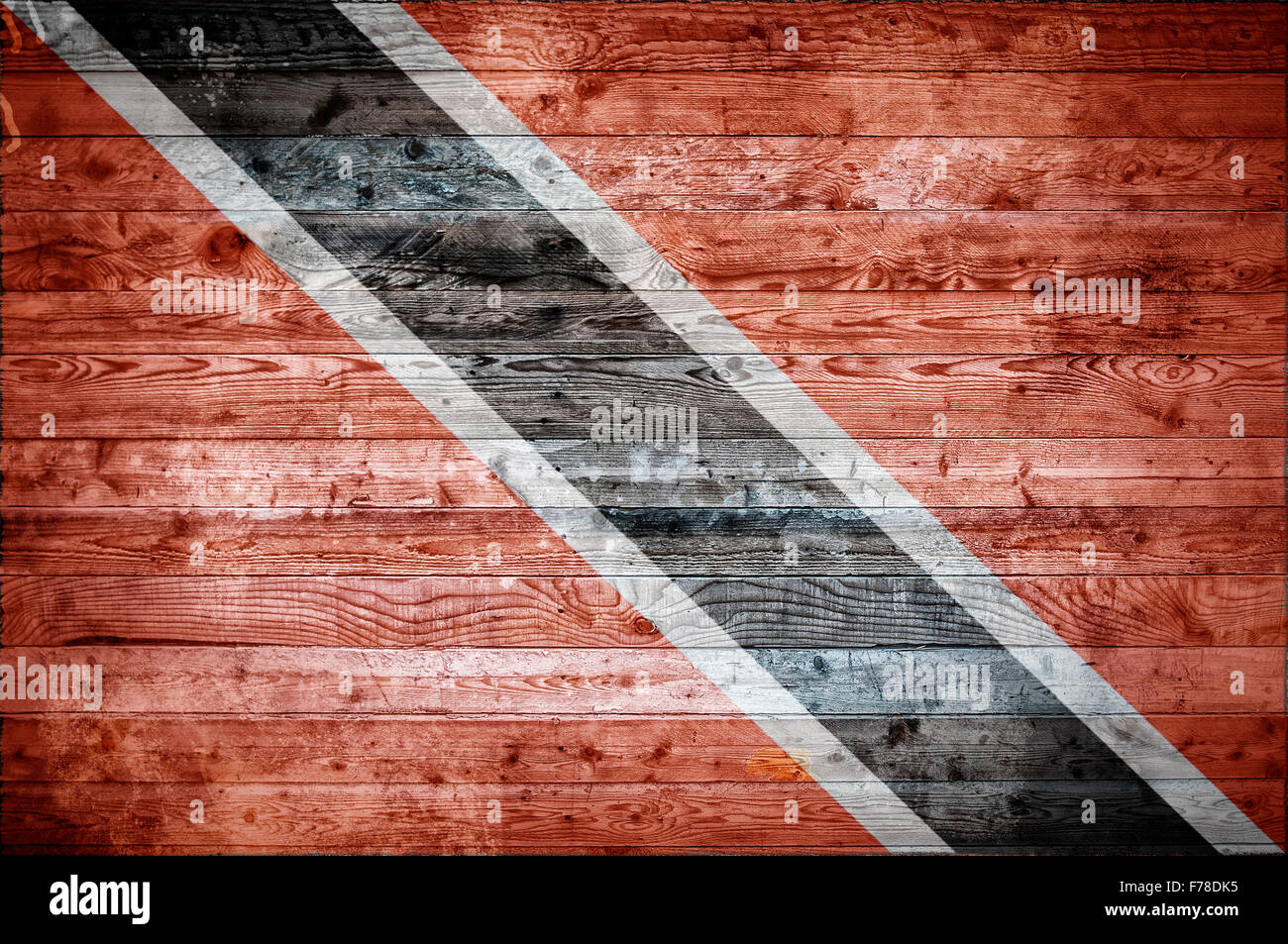 Ein bandtypischen Hintergrundbild der Flagge von Trinidad und Tobago auf Holzbrettern einer Wand oder Boden. Stockfoto