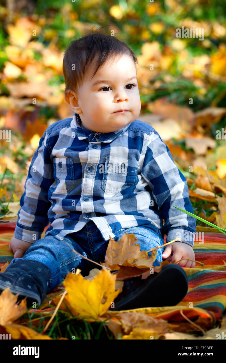 Porträt von 8 Monate alten Baby Boy genießen ein Herbsttag im Park zwischen Bäume und Blätter. Stockfoto