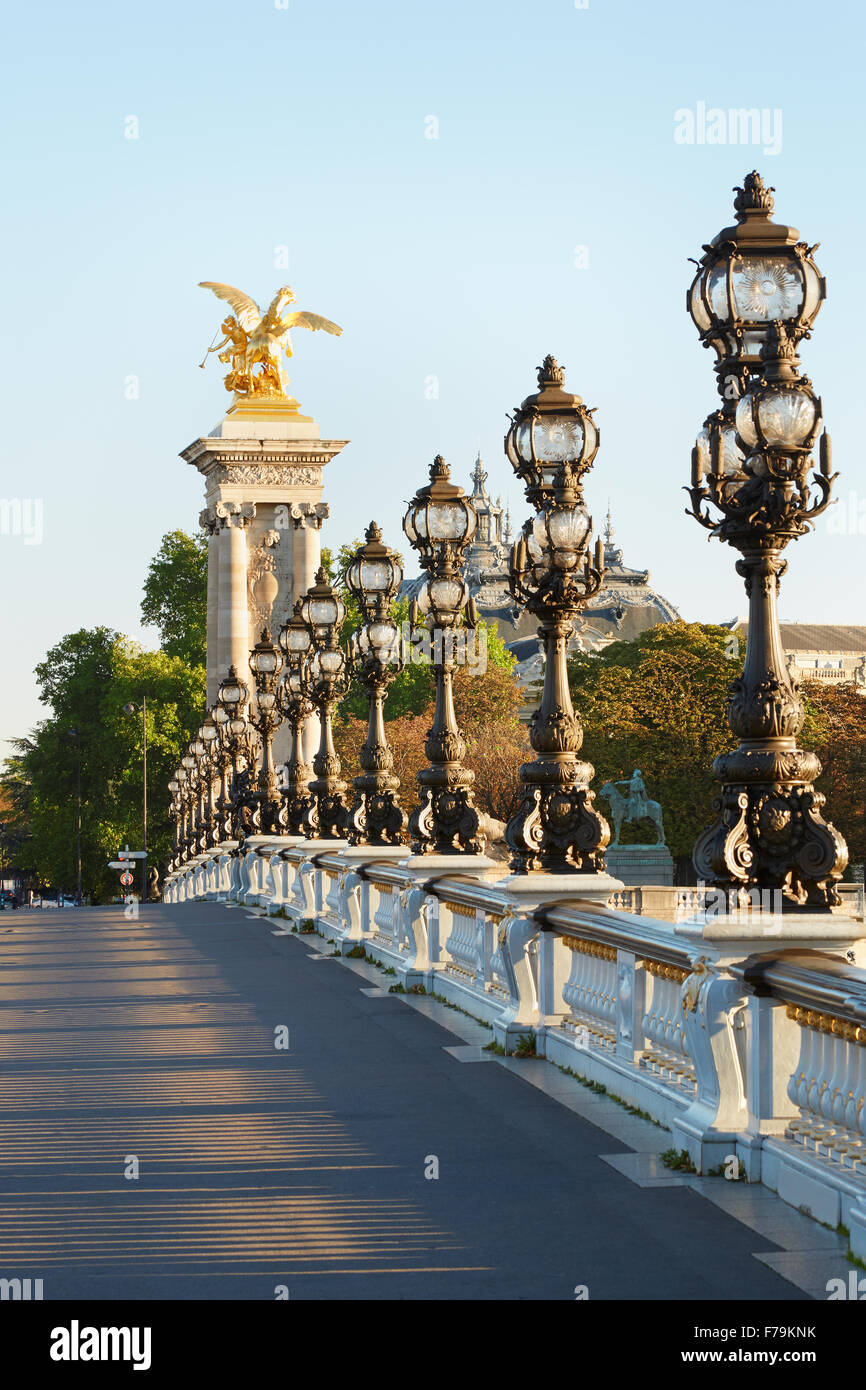 Alexander III Brücke in Paris, leer in den frühen Morgenstunden, Frankreich Stockfoto