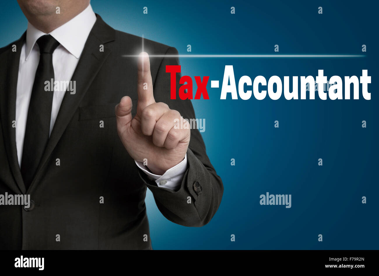 Tax Accountant Touchscreen gesteuert Geschäftsmann Konzept. Stockfoto