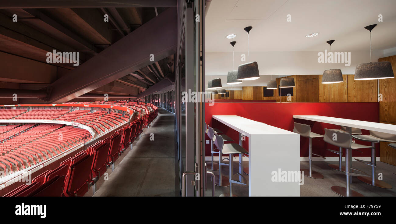 Loge und abgestufte Sitzgelegenheiten bei Emirates Stadium, Arsenal FC 2013, Design bis zum Jahr 2020 Stockfoto