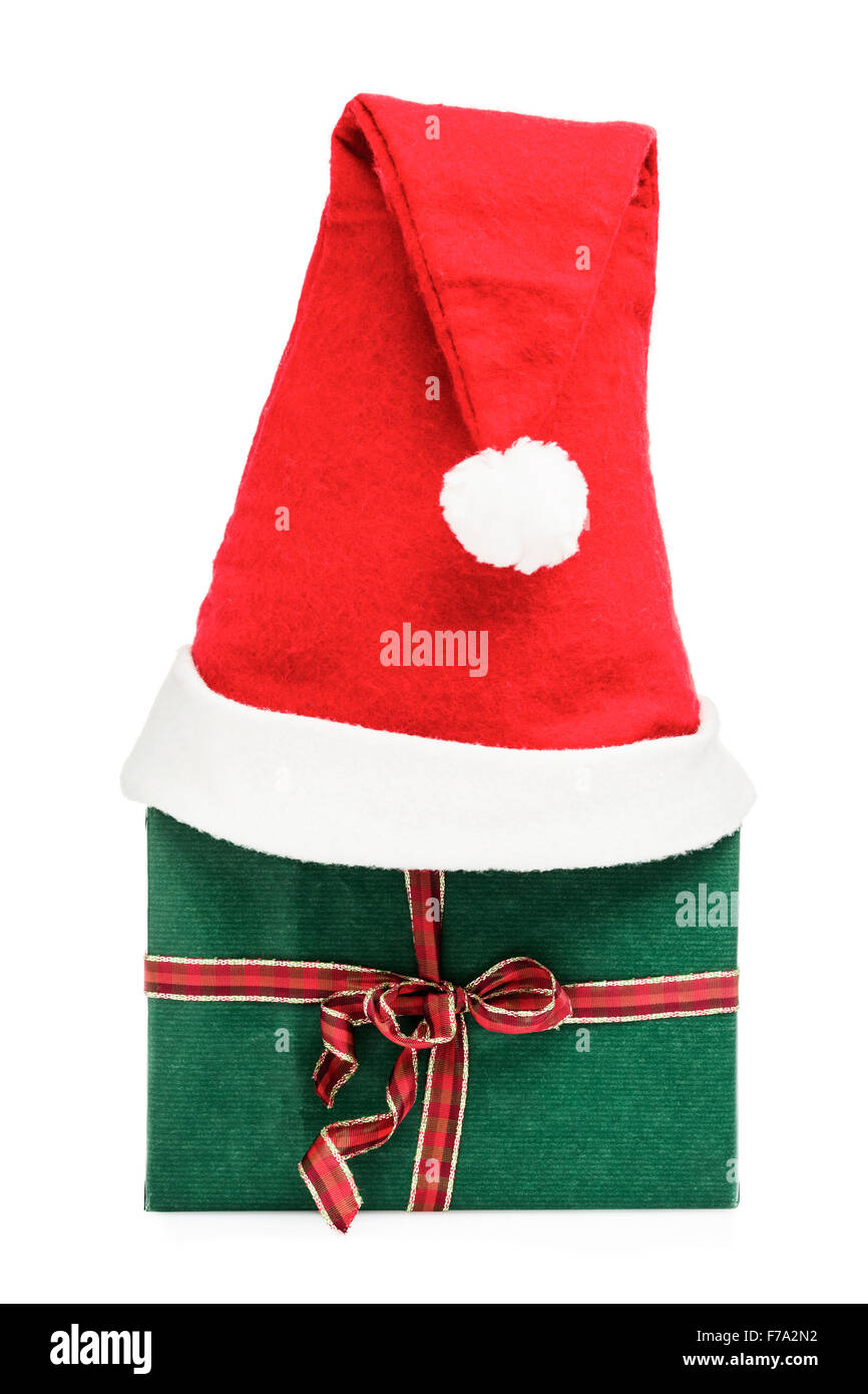 Häschen mit Weihnachtsmütze auf weißem Hintergrund Stockfoto