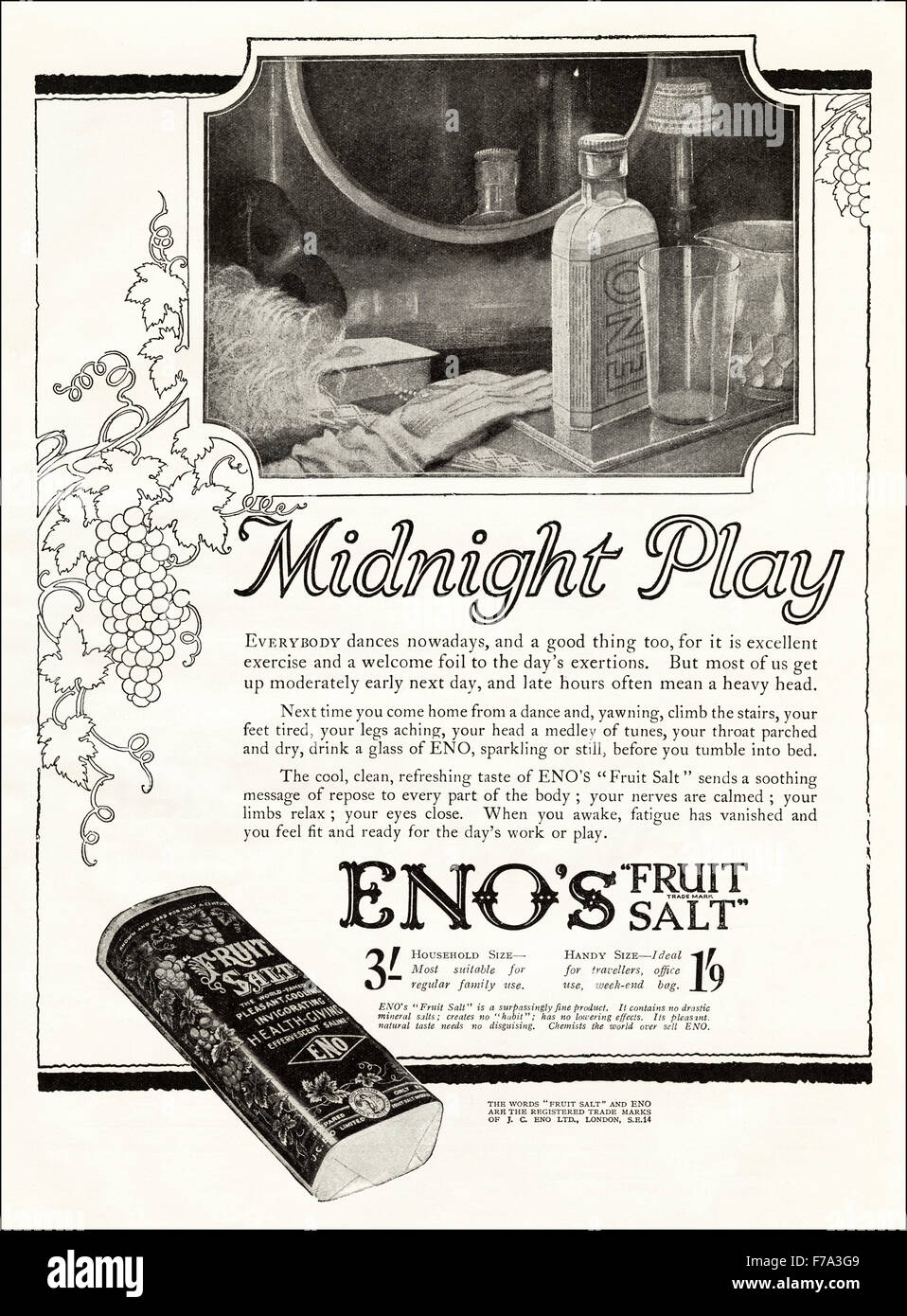 1920er Jahre Werbung. Anzeige datiert 1923 Werbung Eno Obst Salz Stockfoto
